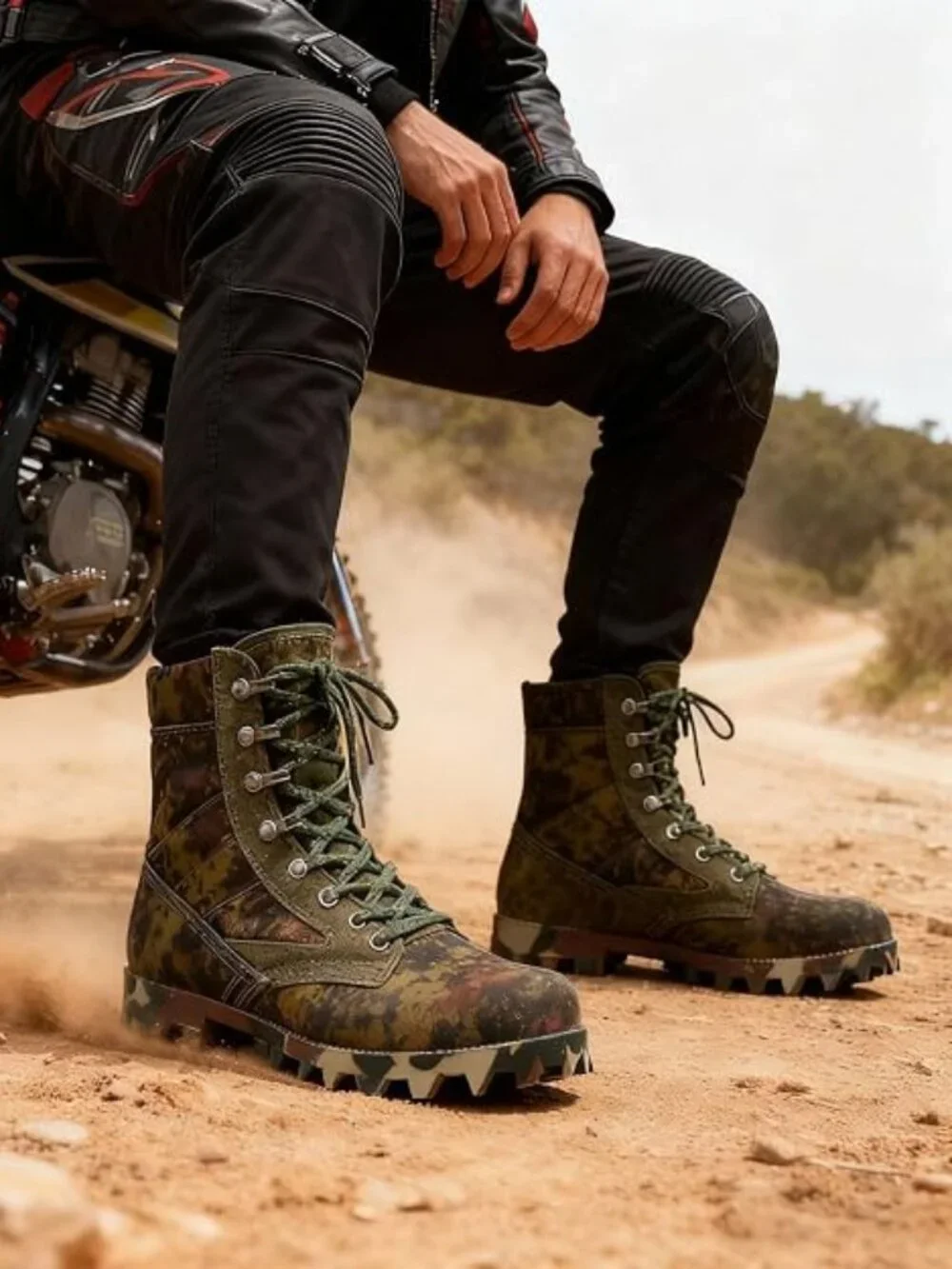 Military Tactical Boots for Work, Green Camo Lace-Up for Men